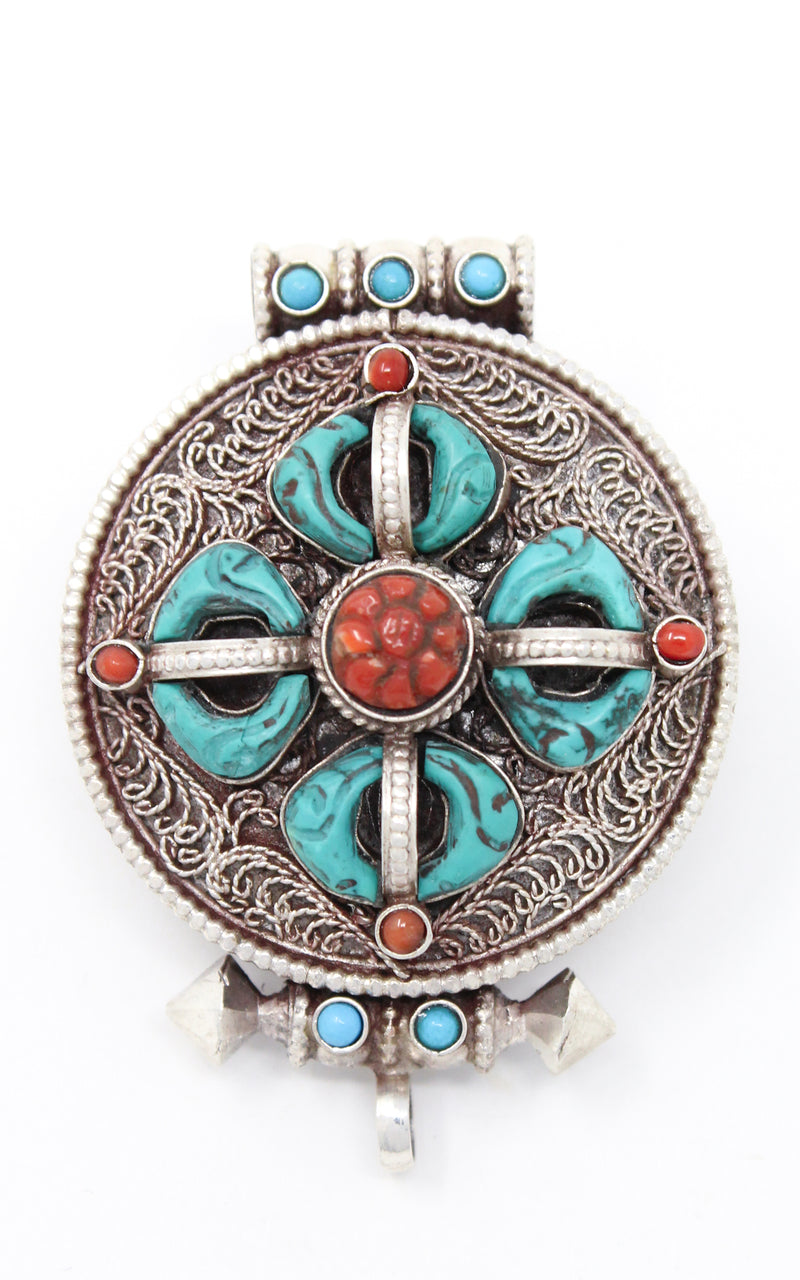 Double Dorjee Locket Pendant handmade Tibetan silver Pendant turquoise coral close up