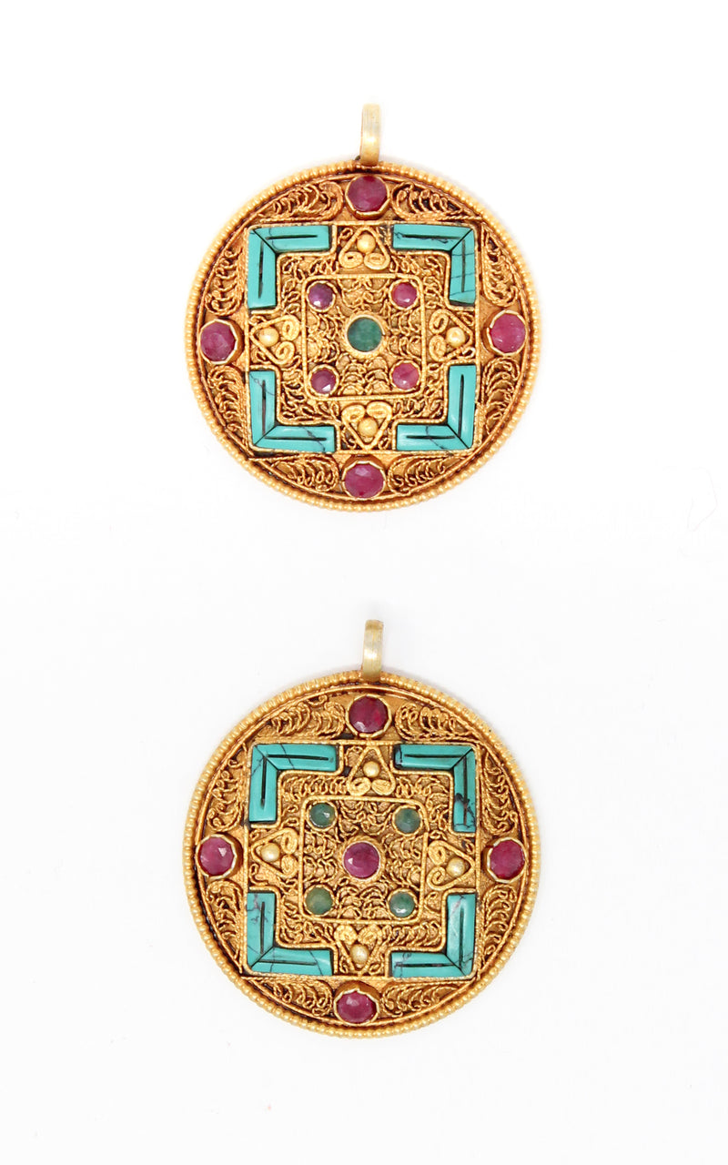 Two Geometric Gold Plated Tibetan Mandala Pendant turquoise ruby emerald accents 
