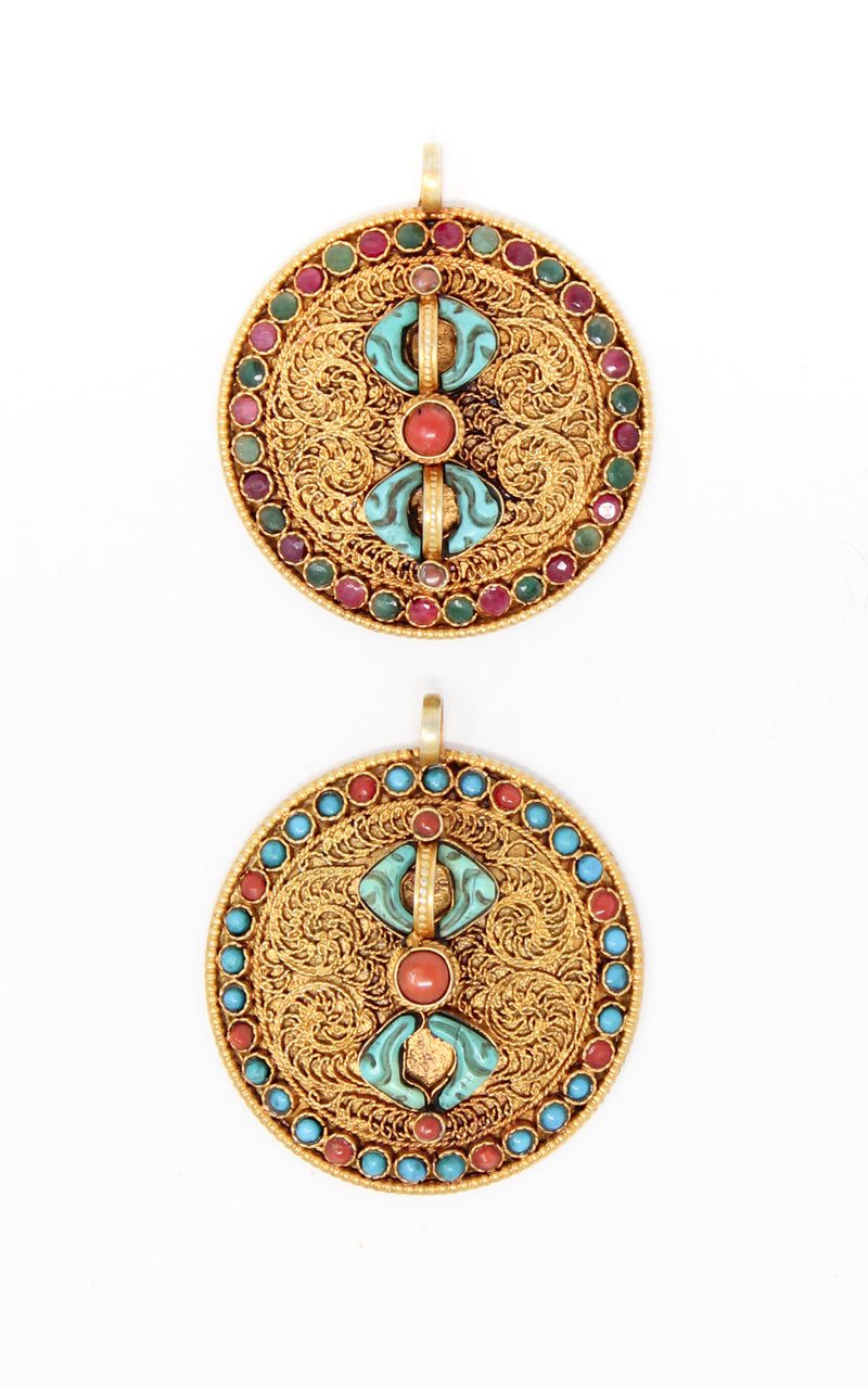two Circular Gold Dorjee Pendant turquoise coral ruby emerald gems