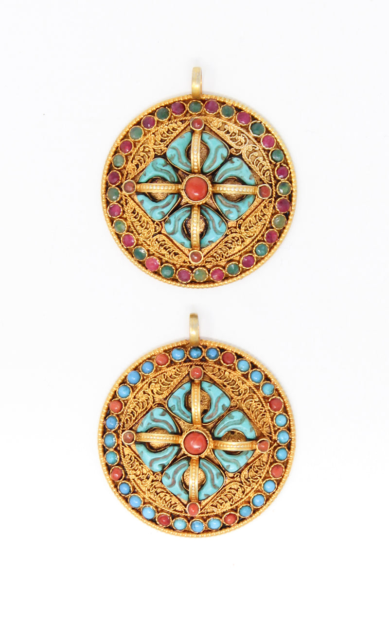 two Circular Gold Double Dorjee Pendant turquoise coral accents