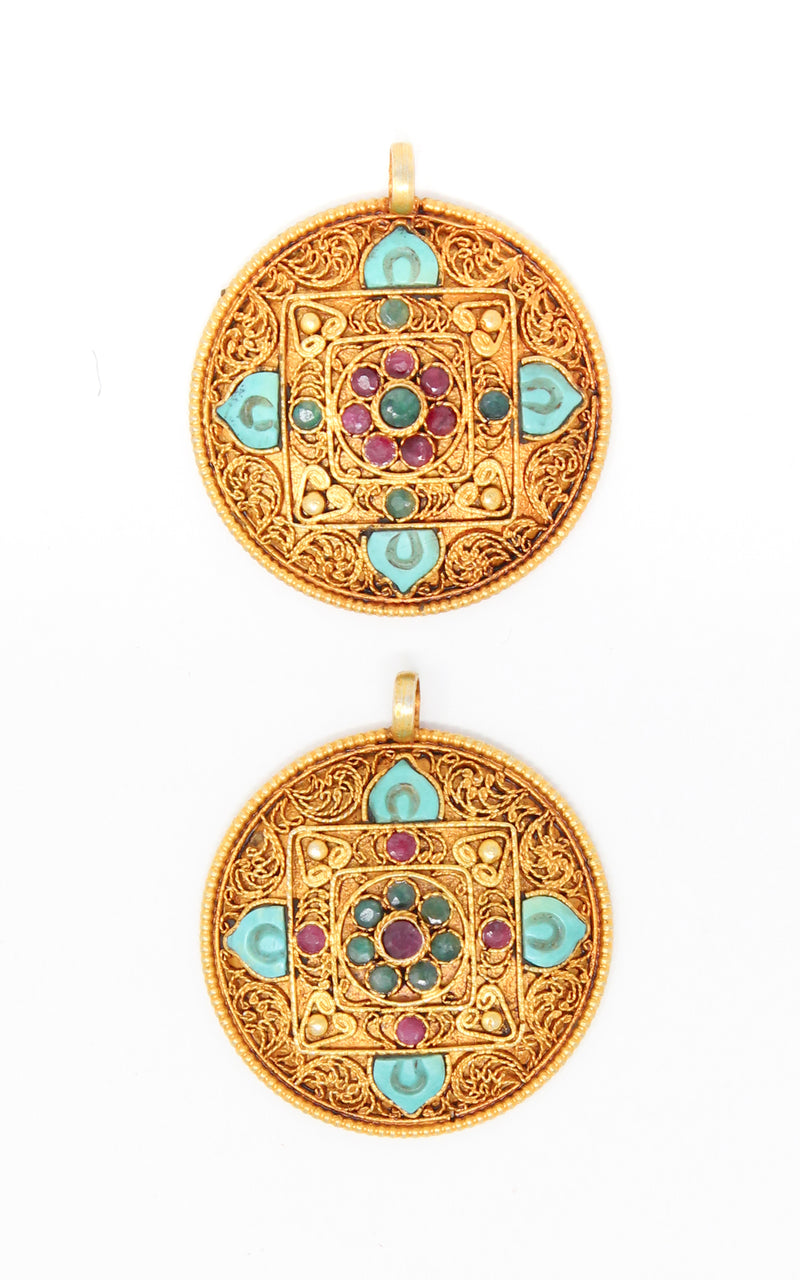 two Circular Unique Gold Mandala Pendant Tibetan handmade jewellery 