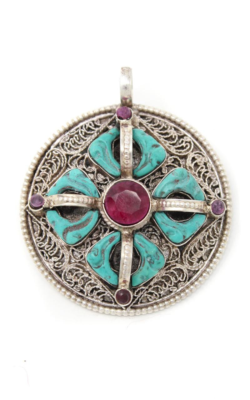 double dorjee turquoise coral thunderbolt pendant handmade tibetan jewellery  close up