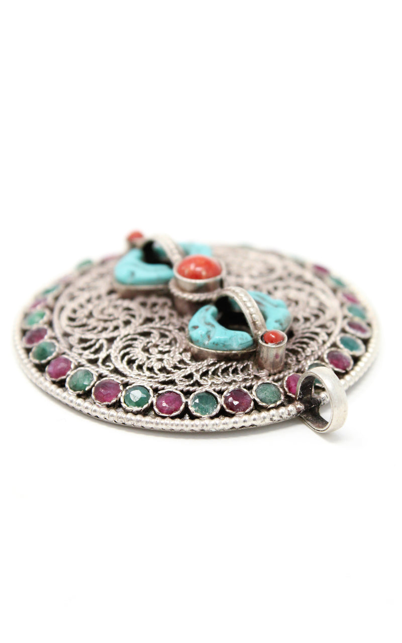 Silver Dorjee Pendant turquoise coral ruby emerald embellishment close up