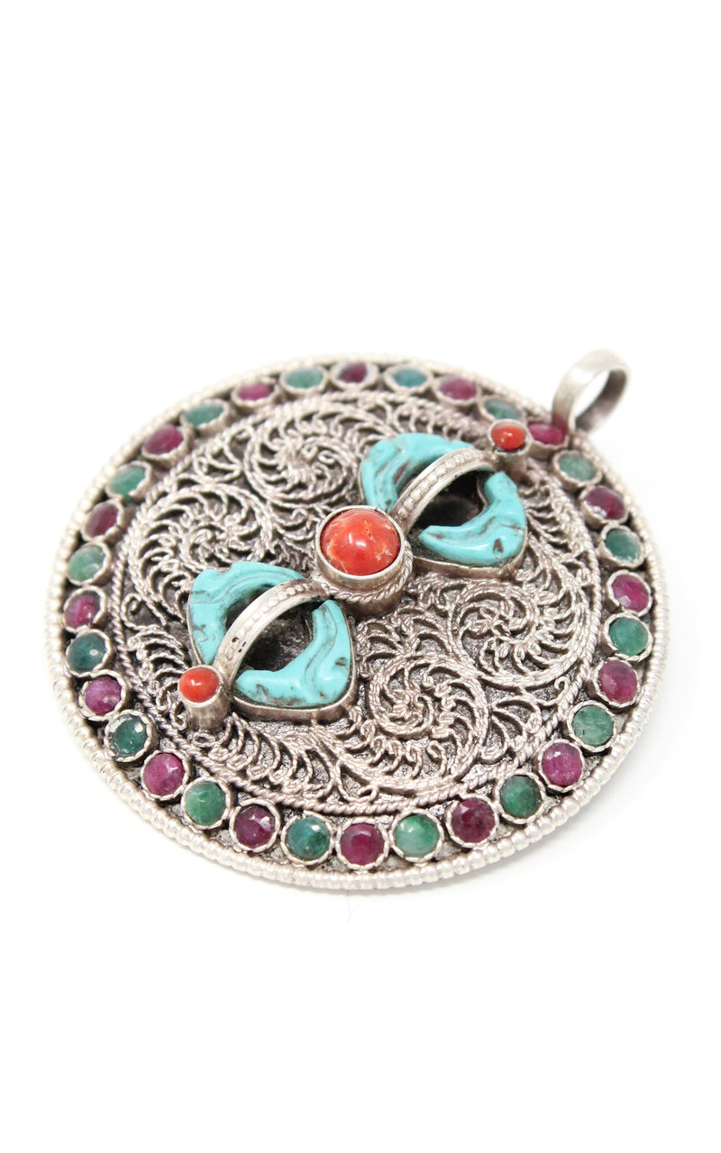 Silver Dorjee Pendant turquoise coral ruby emerald embellishment