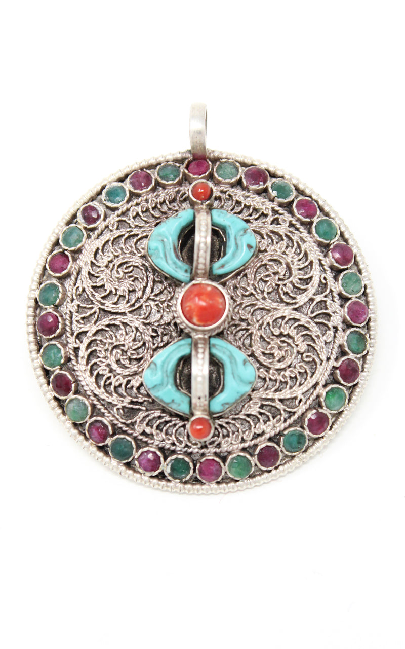 Silver Dorjee Pendant turquoise coral ruby emerald embellishment exterior