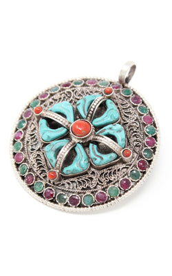 Silver ruby emerald accents double Thunderbolt Double Dorjee Pendant