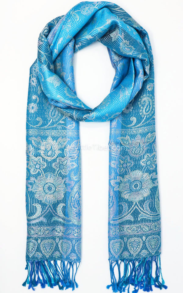 Stylish Reversible Aqua Sea Blue with a Silver Paisley design 100% Silk Pashmina Free Uk Shipping