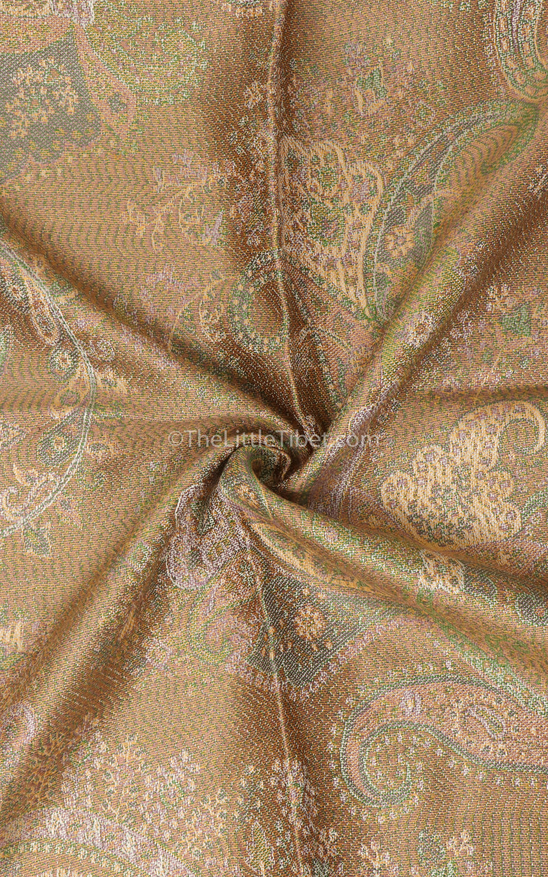 Close up of Creamy beige light reflecting paisley patterned 100% silk pashmina shawl reversible sides