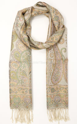 Creamy beige paisley pattern 100% silk pashmina shawl with tassels free uk shipping 