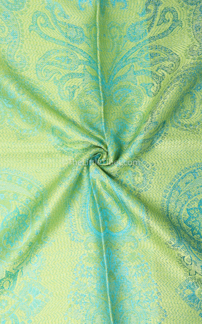 Vibrant green pure silk pashmina showing paisley detail on reversible sides free uk shipping