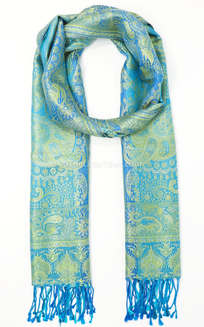 Vibrant green pure silk pashmina with bright blue tassels and reversible sides