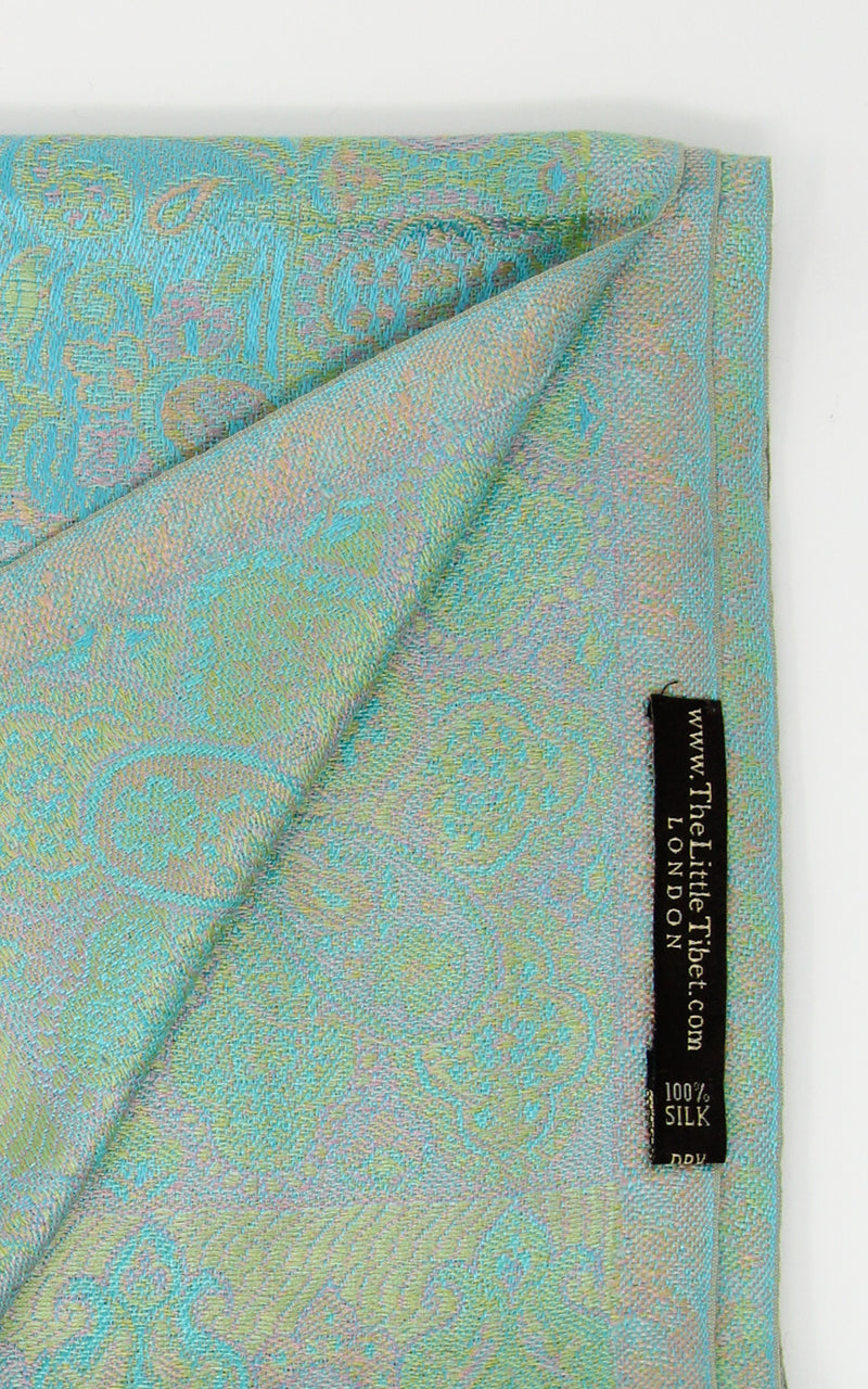 free UK shipping turquoise reversible pure silk paisley scarf close up