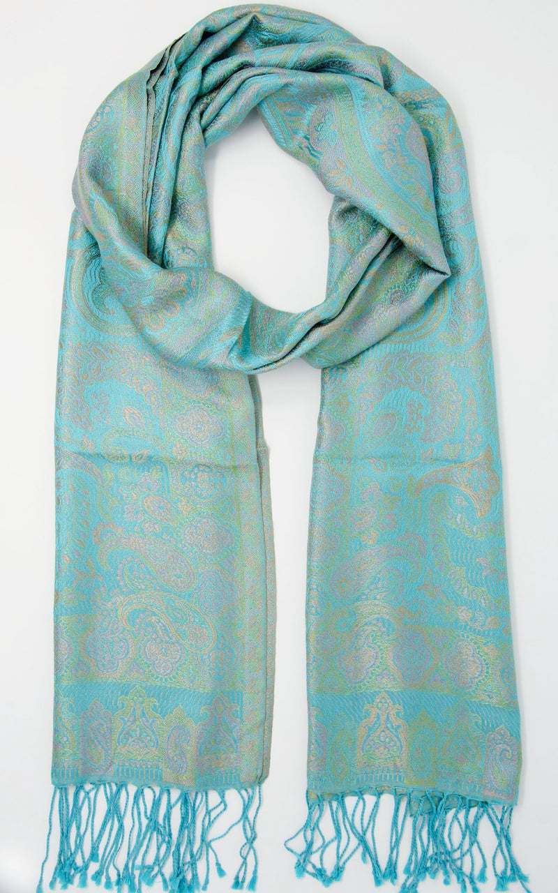 Light turquoise reversible pure silk scarf paisley scarf with tassels