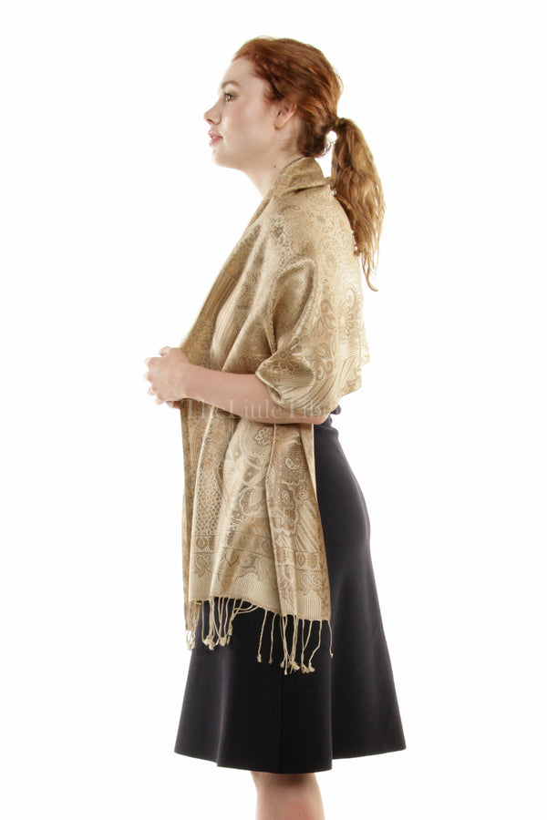 100% Silk Pashmina shawl, scarf , stole - Soft Beige (MCM-Bg 6C) - The Little Tibet