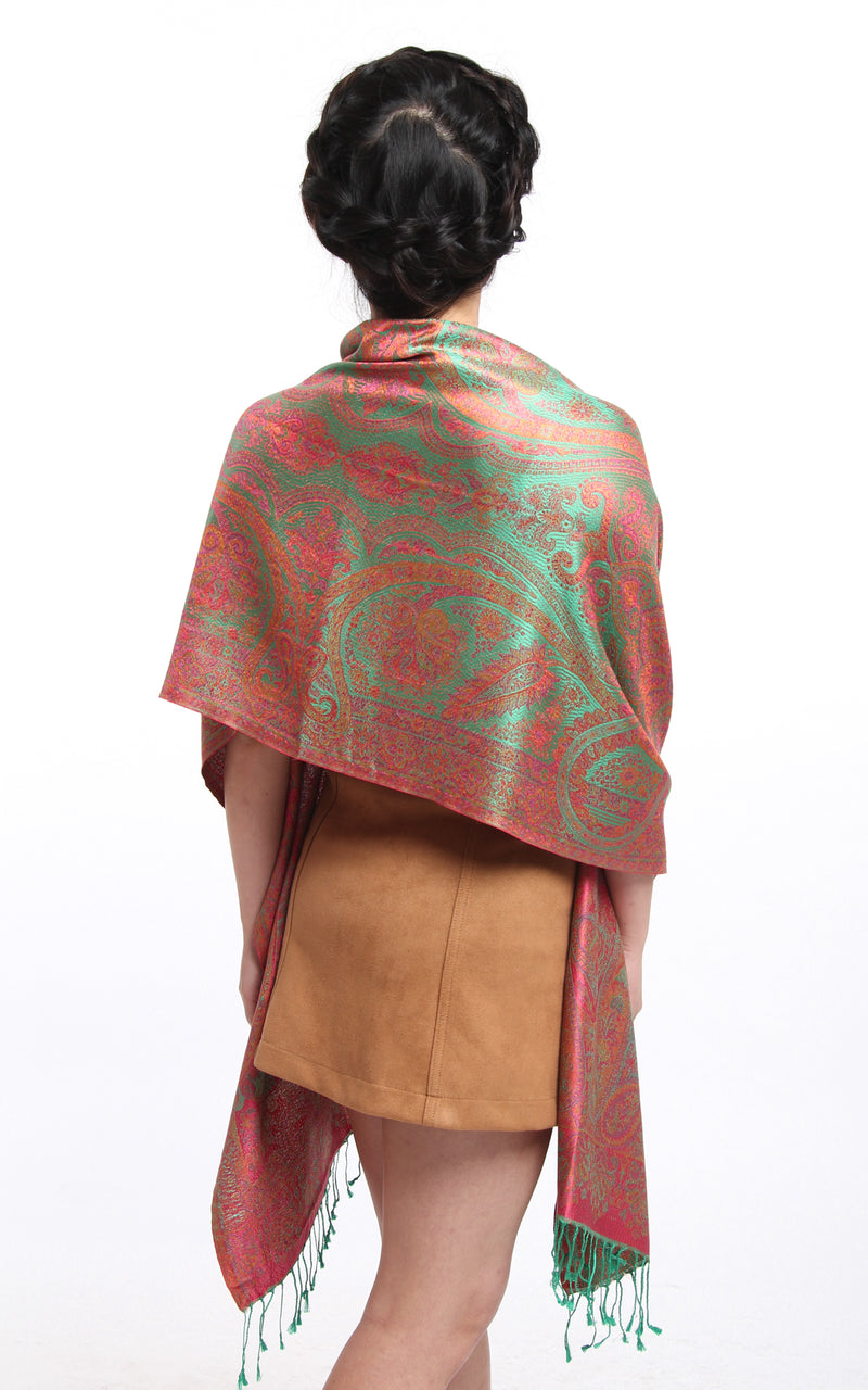 Emerald Green with pinky orange paisley design silk scarf 100% Silk Pashmina Free Uk Shipping