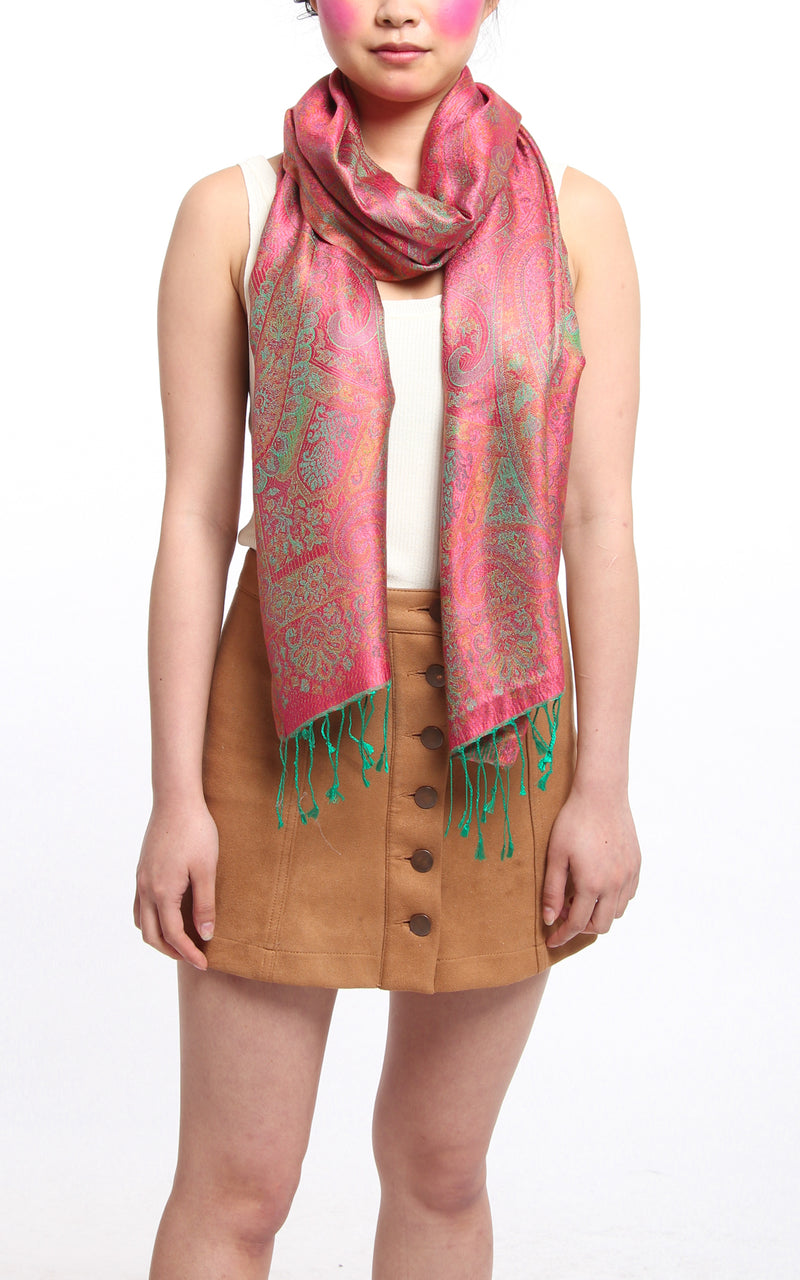 Emerald Green with pinky orange paisley design 100% Silk Pashmina silk scarf Free Uk Shipping