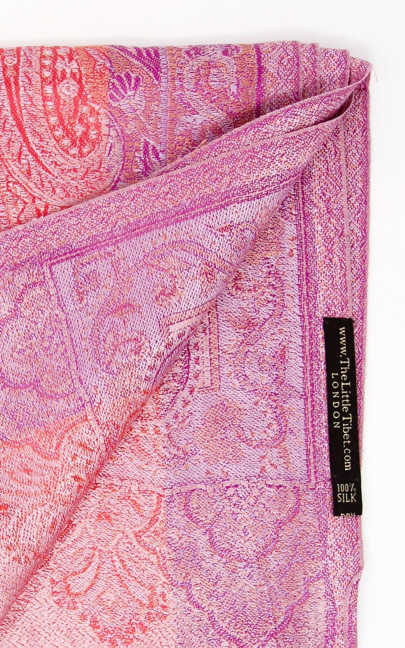 Inside close up of Coral Pink 100% silk pashmina with paisley detail free uk shipping 