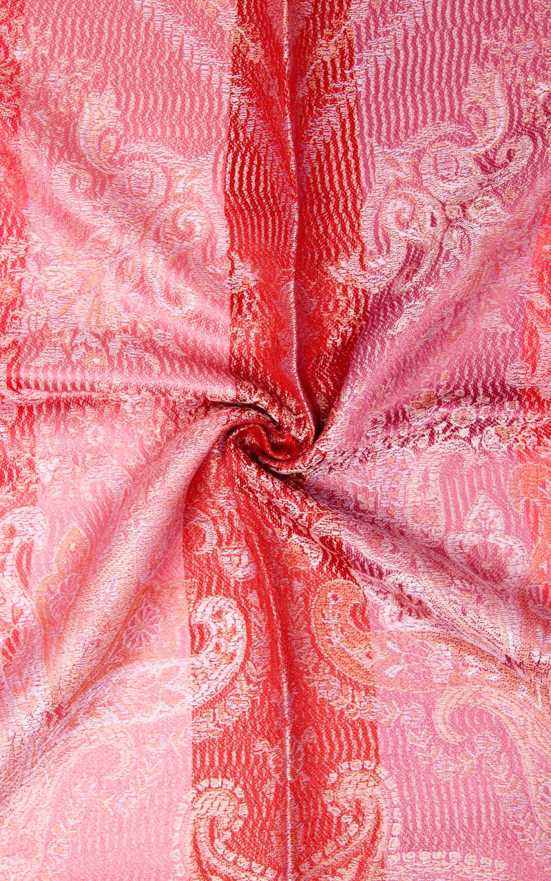 Close up of Coral Paisley designed 100% pure silk pashmina showing reversible sides
