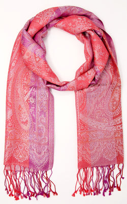 Coral Paisley designed 100% pure silk pashmina with tassels and red pink accents