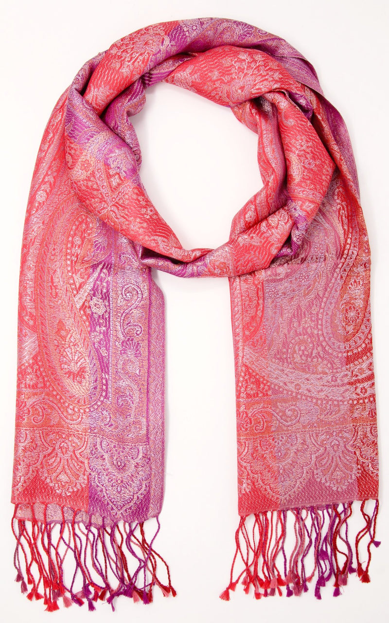 Coral Paisley designed 100% pure silk pashmina with tassels and red pink accents