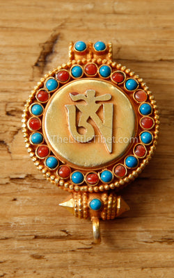 circular Gold Om Locket Pendant turquoise coral detail
