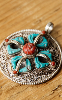 double dorjee turquoise coral amber thunderbolt pendant handmade tibetan jewellery  