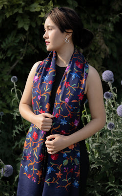 Navy Garden Hand Embroidered Shawl