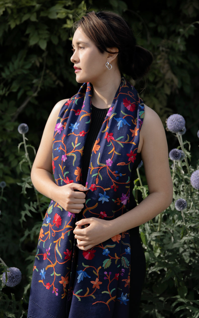 Navy Garden Hand Embroidered Shawl