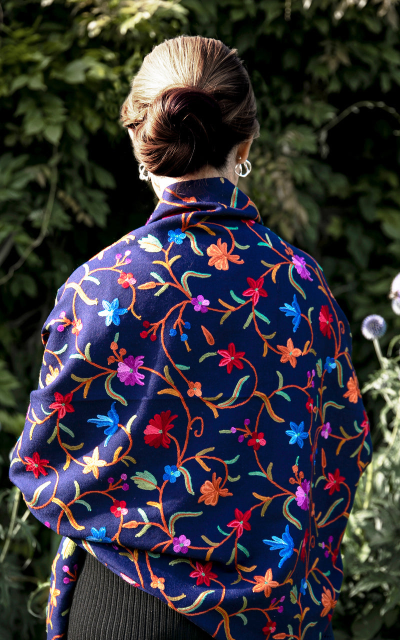 Navy Garden Hand Embroidered Shawl