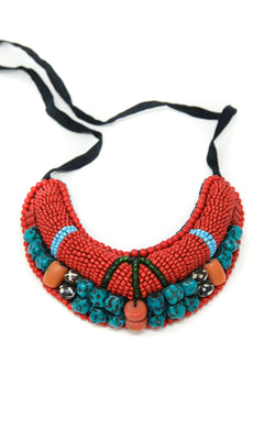 Coral Beaded Tibetan Neckpiece, beaded necklace The Little Tibet