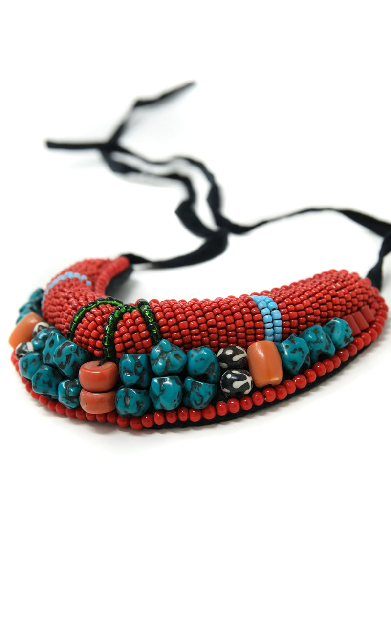 Coral Beaded Tibetan Neckpiece, beaded necklace, The Little Tibet