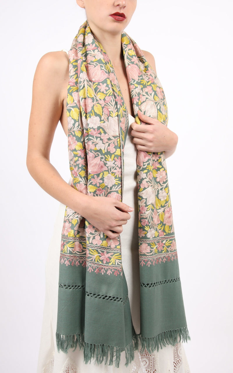 Morandi Green Embroidered Shawl