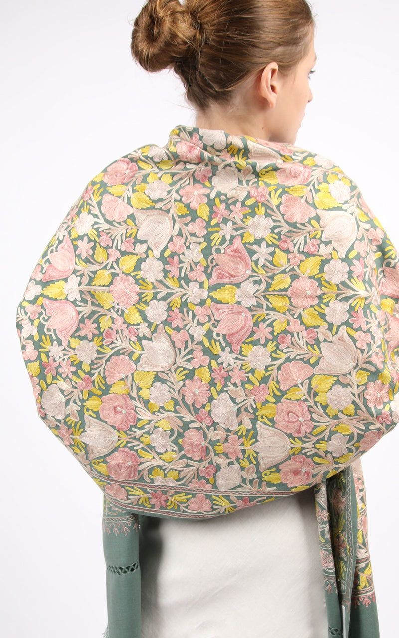 Morandi Green Embroidered Shawl