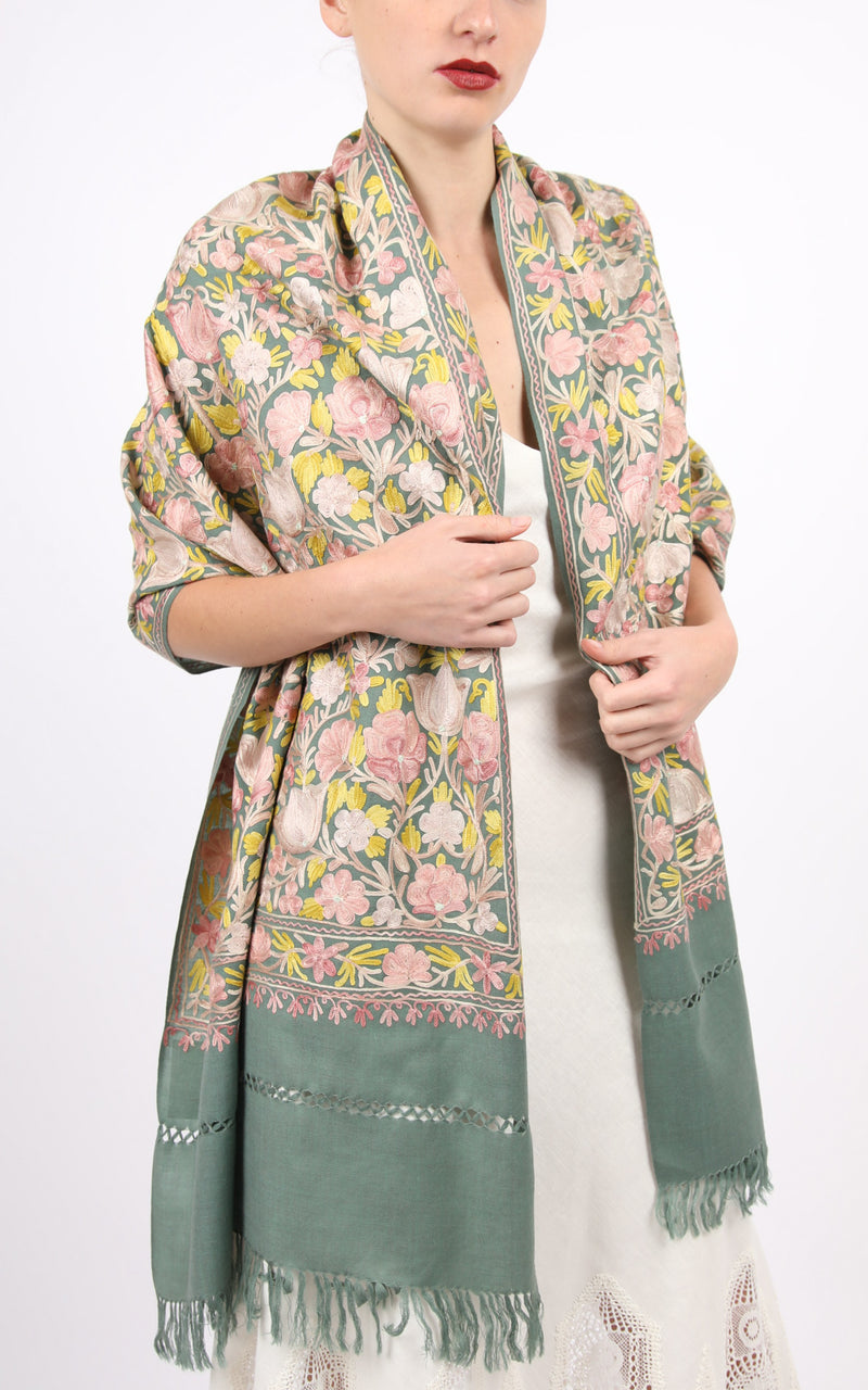 Morandi Green Embroidered Shawl