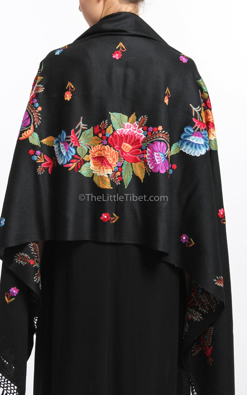 black  pink red floral accents embroidery Woollen Kashmiri Shawl 100% pure wool close up