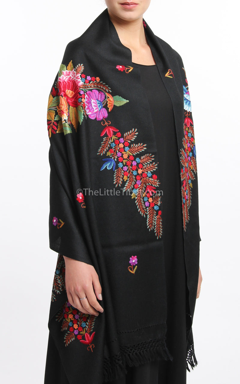 black  pink red floral accents embroidery Woollen Kashmiri Shawl 100% pure wool