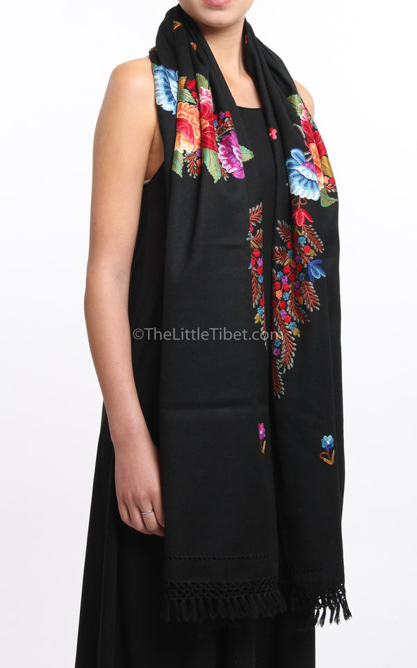 black  pink red floral accents  Woollen Kashmiri Shawl 100% pure wool draped around shoulders