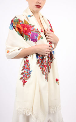 Trisha White Hand Embroidered Shawl