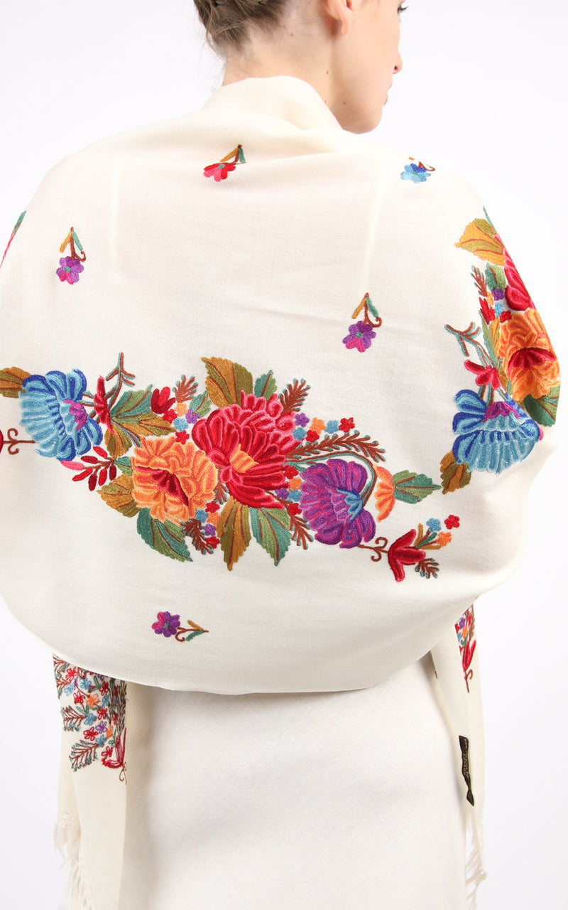 Trisha White Hand Embroidered Shawl