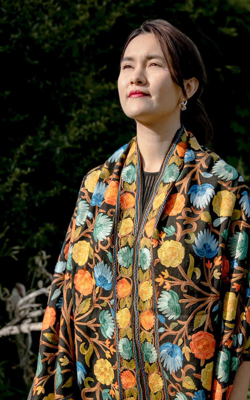 Black Floral Hand Embroidered Shawl