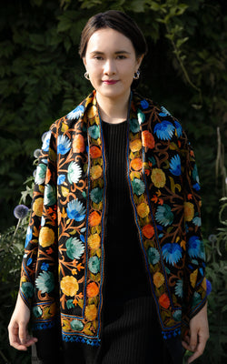 Black Floral Hand Embroidered Shawl