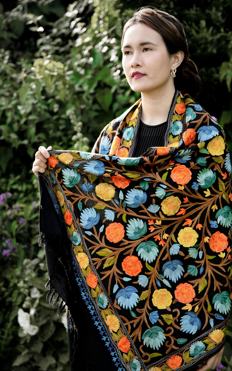 Black Floral Hand Embroidered Shawl