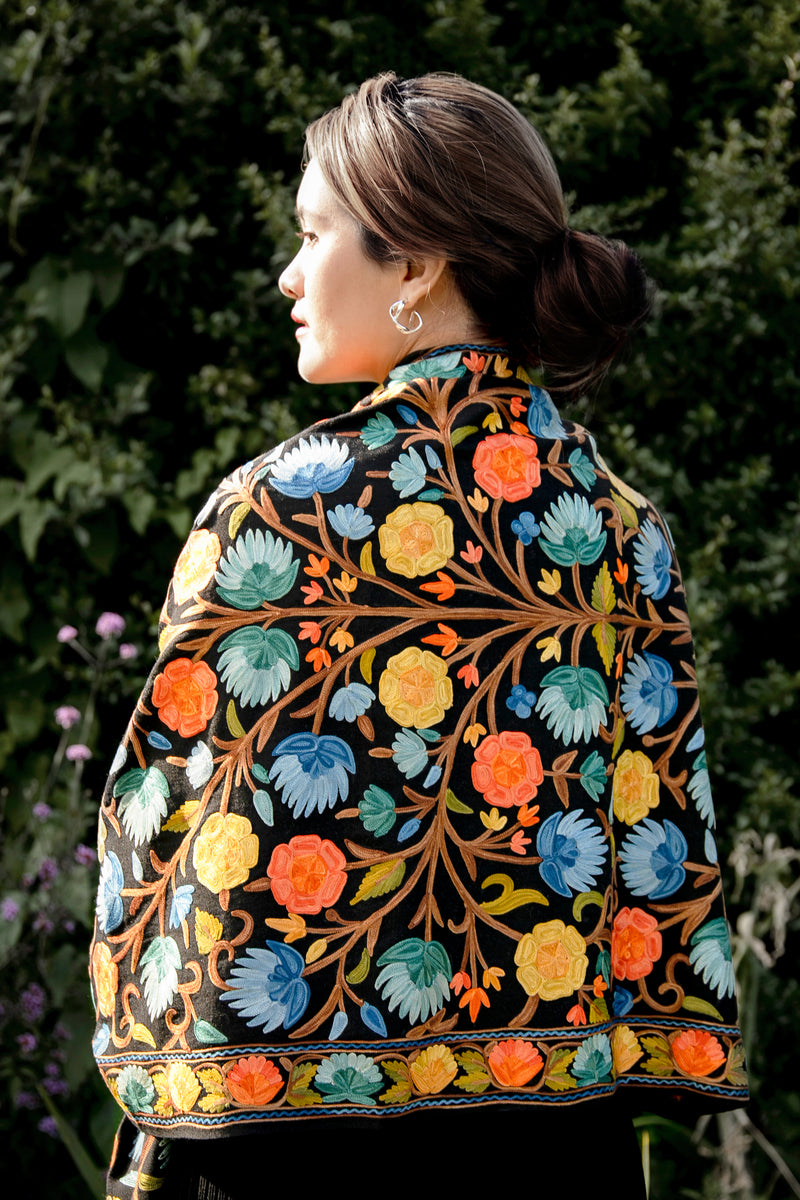Black Floral Hand Embroidered Shawl