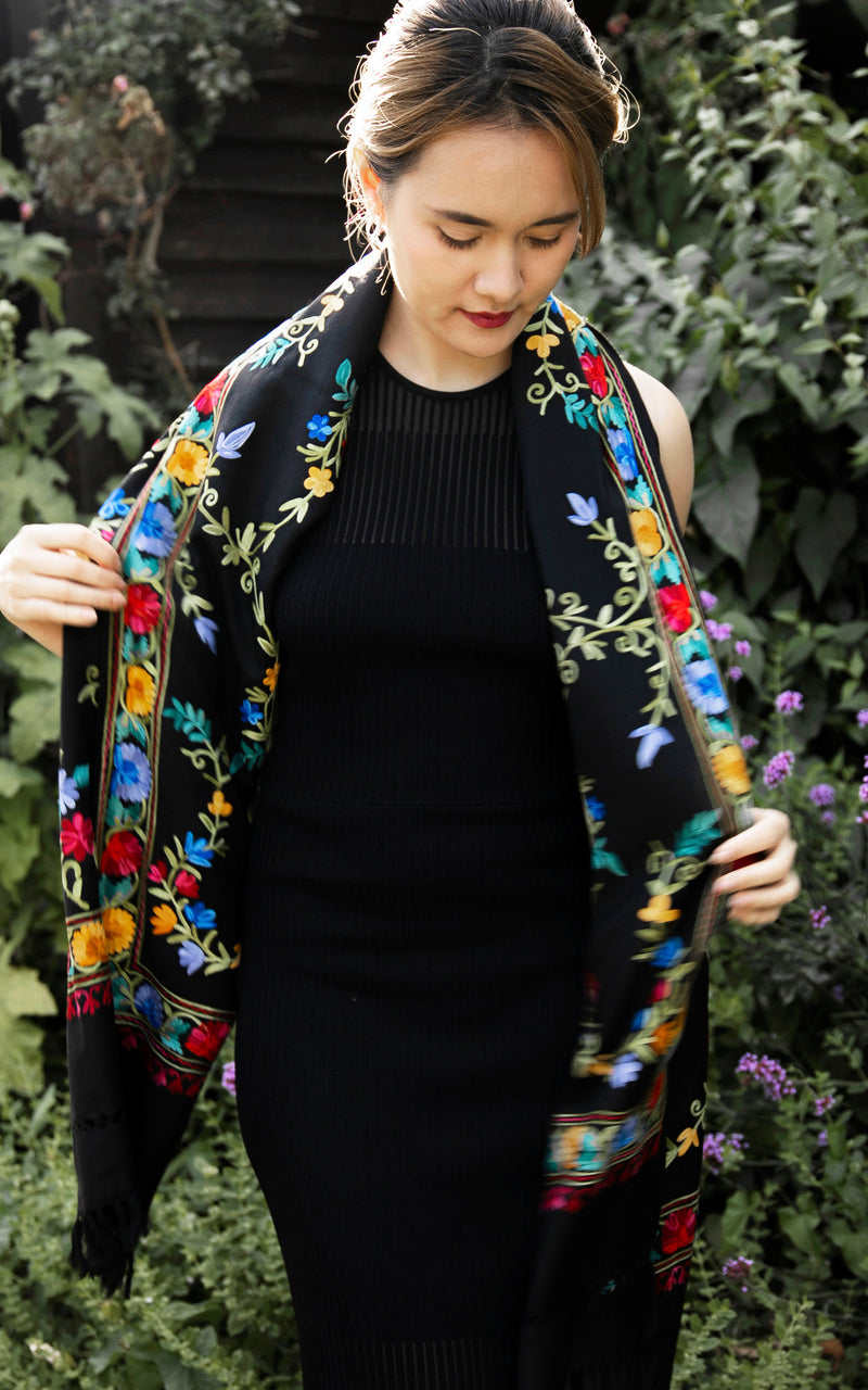 Nicole Black Hand Embroidered Shawl