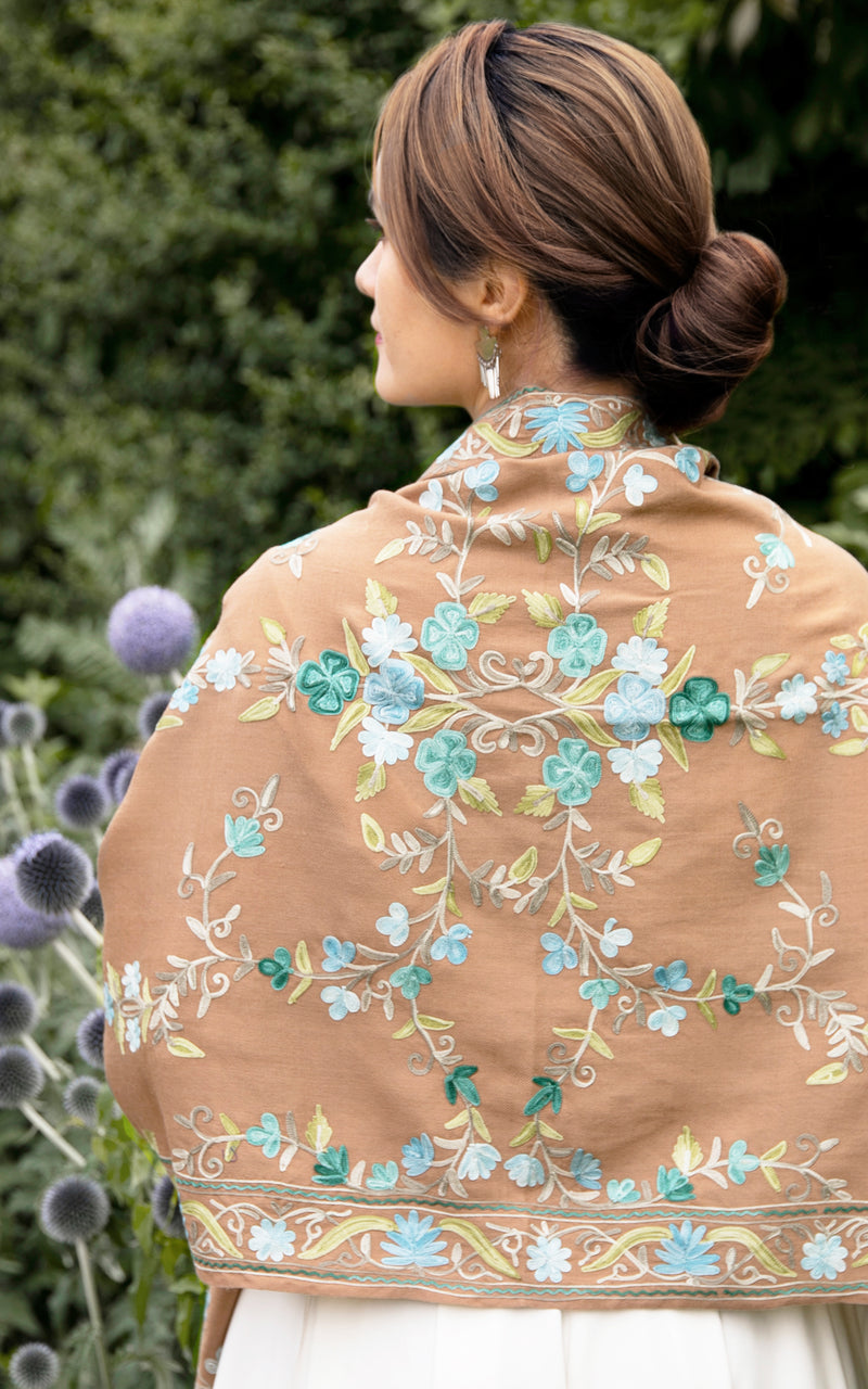 Floral Beige Hand Embroidered Shawl