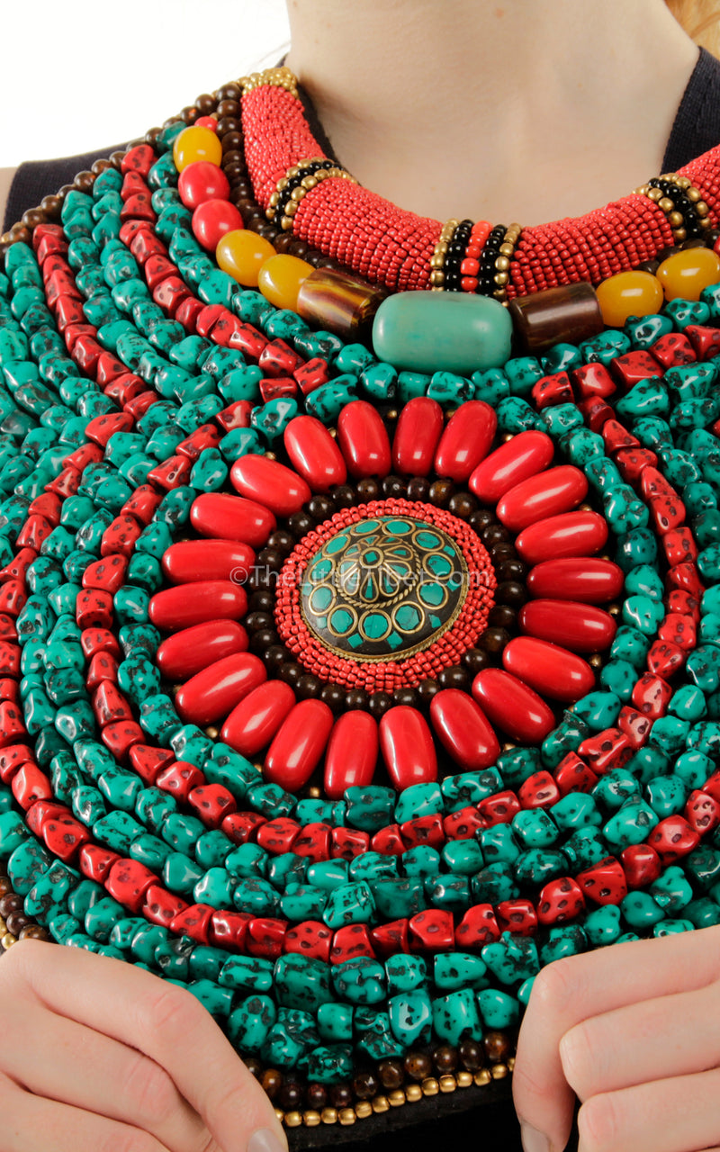 extra large coral turquoise hand made Tibetan Beaded Necklace jewellery close up