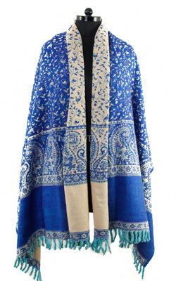  lapis lazuli cream paisley design reversible tibet shawl with tassels  draped around shoulders