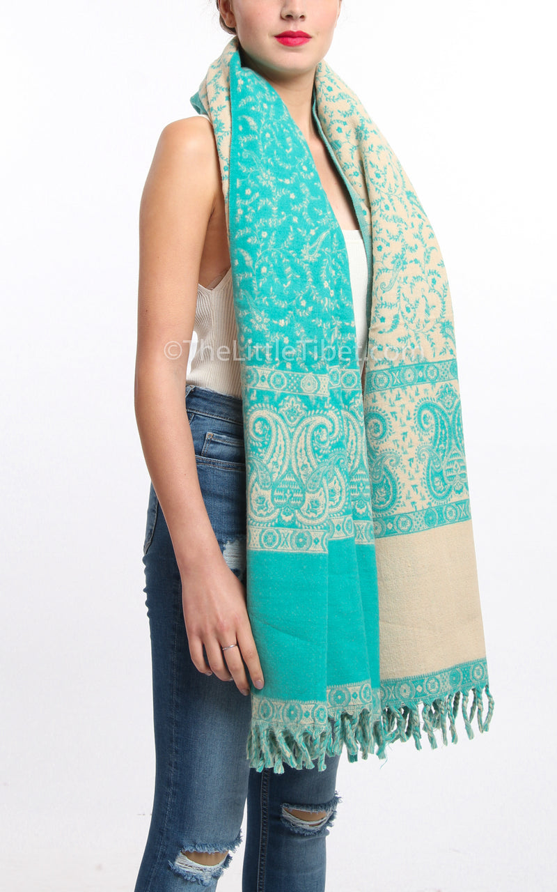 Light Aqua blue cream paisley design tibet shawl chunky knit 