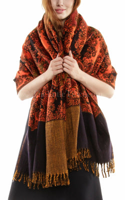 Burnt orange  paisley design reversible himalayan tibet wool shawl  with black accents