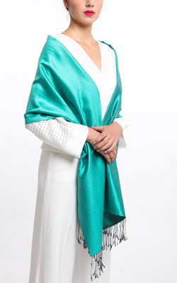 Luxury 100% pure mint green plain reversible pashmina draped around shoulders
